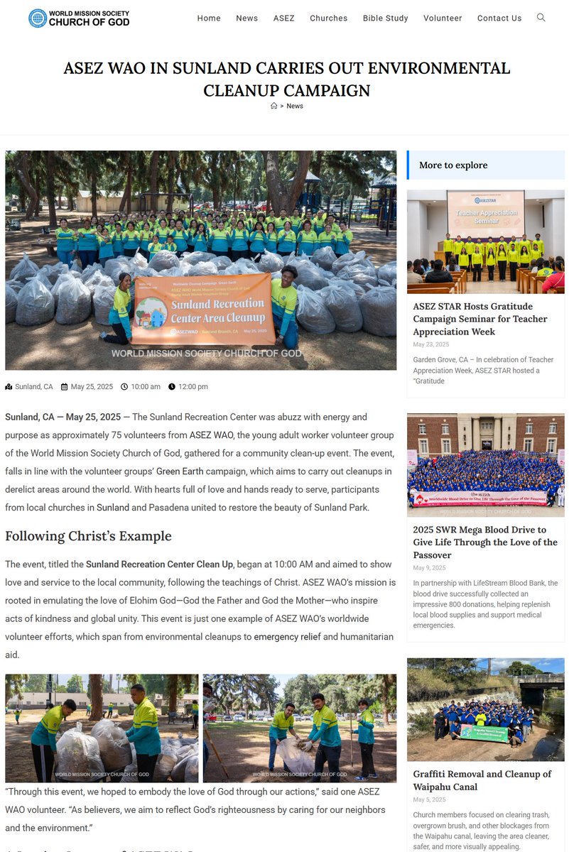 GodtheMotherFor's tweet photo. In Sunland, CA 🇺🇸, #WorldMissionSocietyChurchofGod volunteers from ASEZ WAO held an environmental cleanup 🧹
With the love of #GodtheMother 💛, they helped protect nature and raise awareness about sustainability.
🔗 https://t.co/ocHCoY8zjw
#EcoAction #VolunteerPower #CleanPlanet https://t.co/57XRqhUjfn