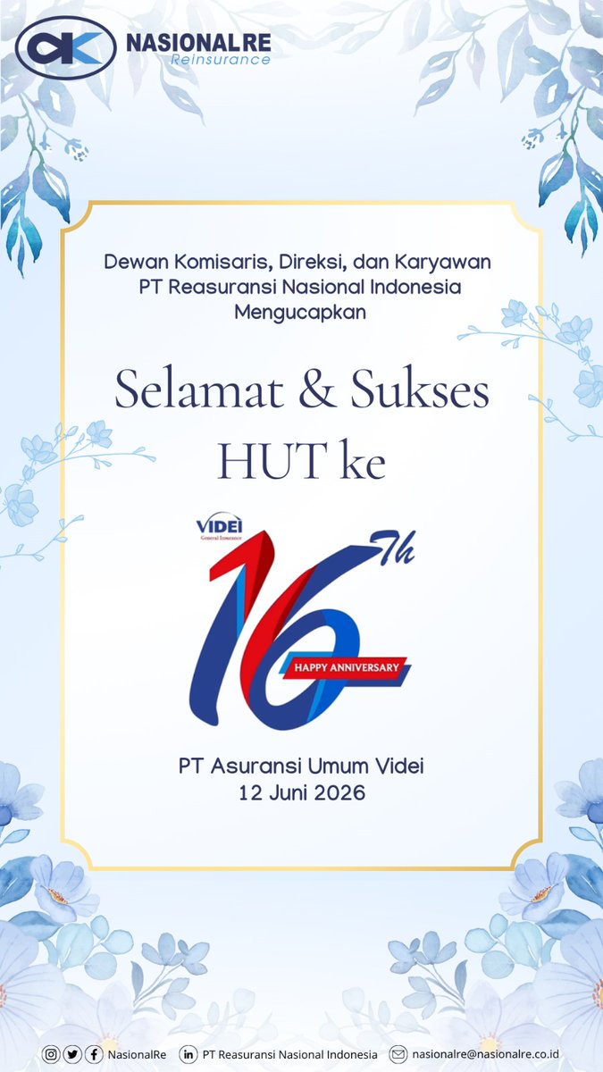 Dewan Komisaris, Direksi, dan Karyawan PT Reasuransi Nasional Indonesia mengucapkan Selamat Ulang Tahun yang Ke-16 PT Asuransi Umum Videi. 

#NasionalRe
#NasRe
#Reasuransi
#Reinsurance