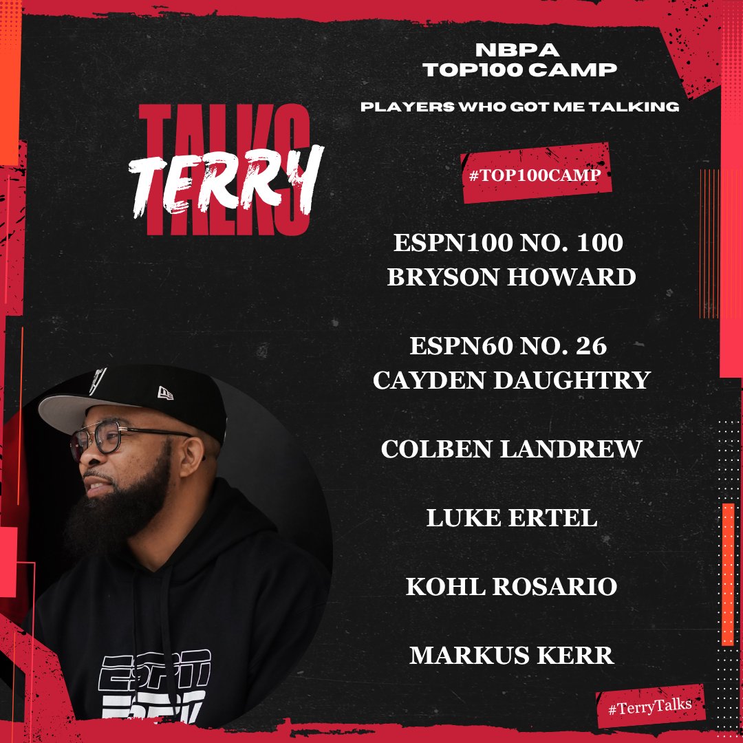 🚨 #TerryTalks 🚨

These players got me talking about their performance today at the NBPA Top 100 Camp in Rock Hill, SC...

#ESPN #PaulBiancardi #SCNext <a href="/PaulBiancardi/">Paul Biancardi</a> <a href="/SCNext/">SportsCenter NEXT</a> <a href="/TheUCReport/">Billy Tucker</a> #TerryDrakeBasketball #iBallTDB <a href="/TheNBPA/">NBPA</a> #NBPATop100Camp #Top100Camp <a href="/rippey_deron/">Deron Rippey Sr.</a>