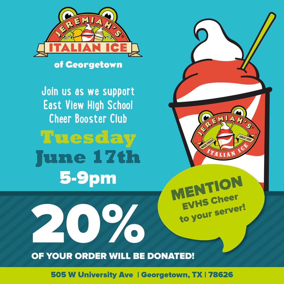 East View Patriot Cheer (@evpatriotcheer) on Twitter photo Spread the word Patriots! Spirit Night at Jeremiah’s Ice next Tuesday, June 17th 5-9 pm. Our <a href="/EVcheerbooster/">EVHS Cheer Booster Club</a> club is raising funds to help support us throughout the year. We would love to see you. And don’t forget to mention EVHS Cheer when purchasing! Spread the word Patriots! Spirit Night at Jeremiah’s Ice next Tuesday, June 17th 5-9 pm. Our <a href="/EVcheerbooster/">EVHS Cheer Booster Club</a> club is raising funds to help support us throughout the year. We would love to see you. And don’t forget to mention EVHS Cheer when purchasing!