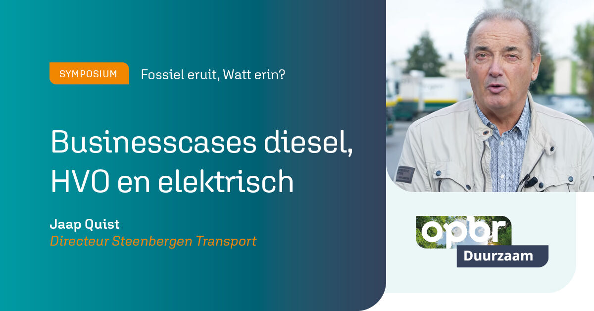 Bij Steenbergen Transport rijden ze allemaal: trucks op diesel, op HVO en op elektriciteit. Tijdens ‘Fossiel eruit, Watt erin?’ zet Jaap Quist de businesscases op een rij. Wat zijn de kosten, opbrengsten en resultaten.

Meer informatie en aanmelden: opbr.nl/symposium