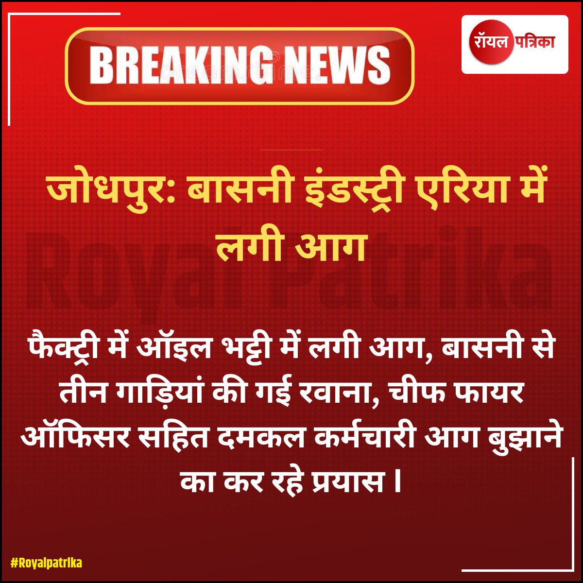 PatrikaRoyal's tweet image. जोधपुर: बासनी इंडस्ट्री एरिया में लगी आग

#jodhpur #oilfactory #fire #LatestNews #NewsUpdate #news #RoyalPatrika