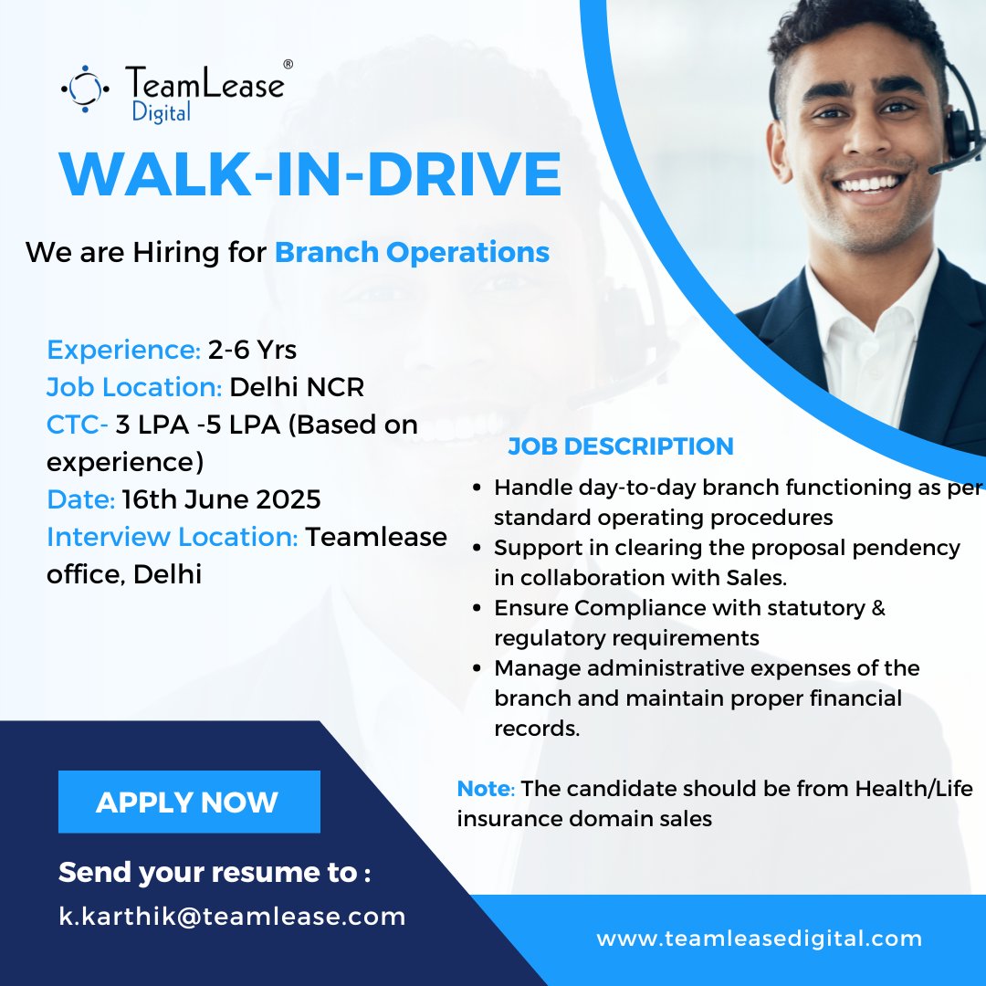 TeamLeaseDGT's tweet image. Hiring Alert - Walk-in Drive at TeamLease, Delhi!
 
16th June | Teamlease Office, Delhi

Roles:
- Agency Sales Manager (₹3–6.5 LPA)
- Branch Operations Executive (₹3–5 LPA)

Location: Delhi NCR
Experience: 2–6 Years

#DelhiJobs #HiringDrive #TeamLease #WalkInDrive #SalesJobs