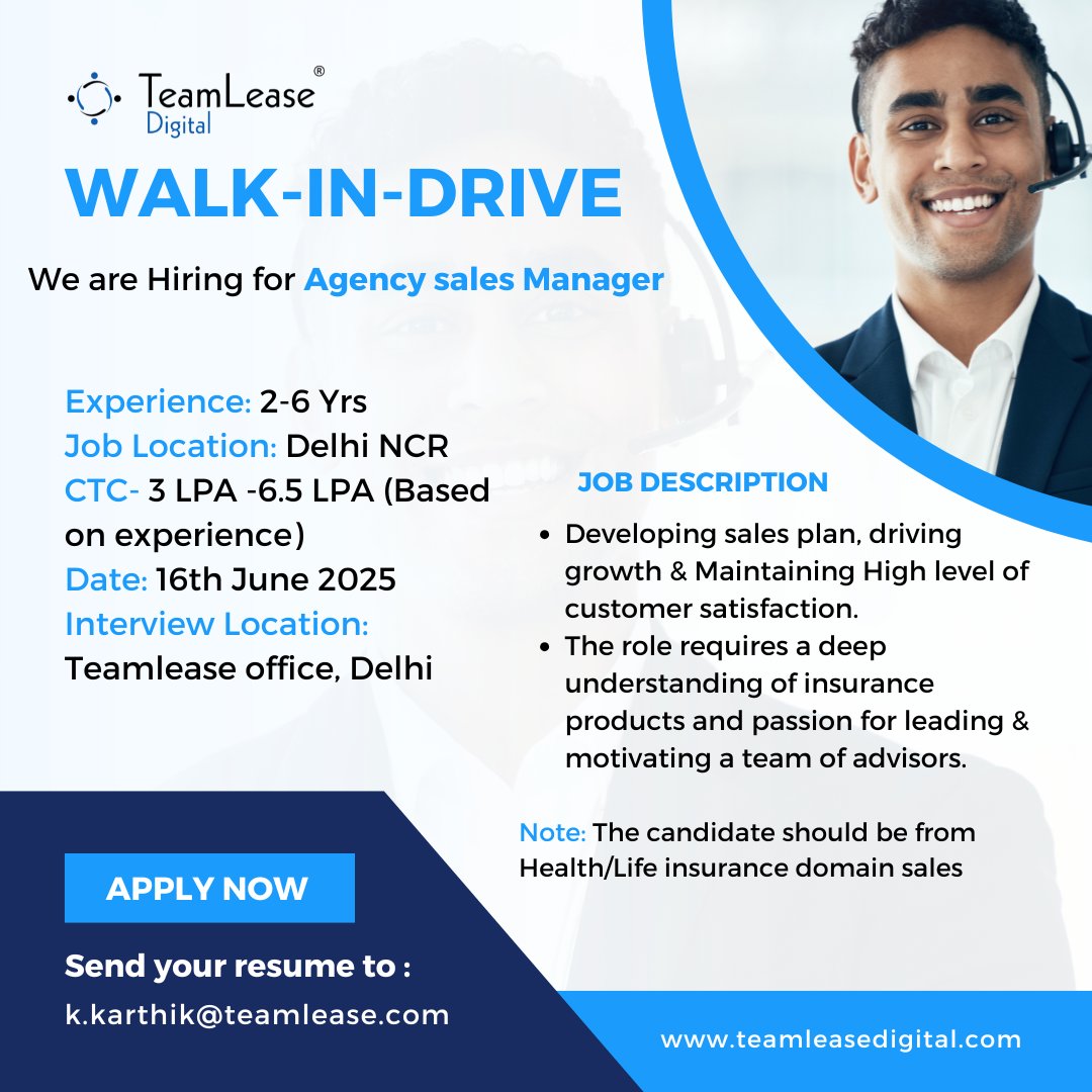 TeamLeaseDGT's tweet image. Hiring Alert - Walk-in Drive at TeamLease, Delhi!
 
16th June | Teamlease Office, Delhi

Roles:
- Agency Sales Manager (₹3–6.5 LPA)
- Branch Operations Executive (₹3–5 LPA)

Location: Delhi NCR
Experience: 2–6 Years

#DelhiJobs #HiringDrive #TeamLease #WalkInDrive #SalesJobs