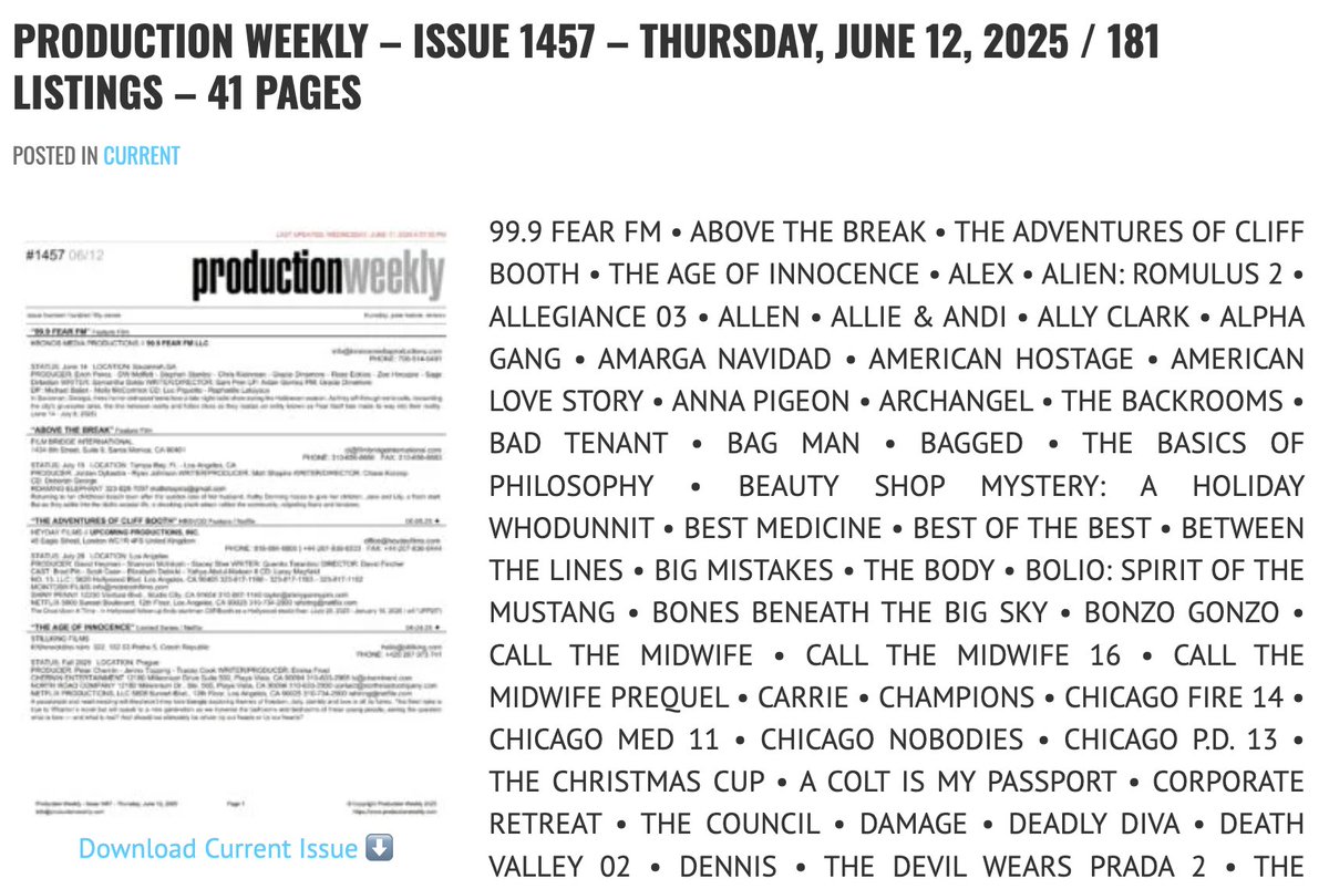 Production Weekly - Issue 1457 - Thursday, June 12, 2025 / 181 Listings - 41 Pages

Download Current Issue ⬇️

productionweekly.com/production-wee…