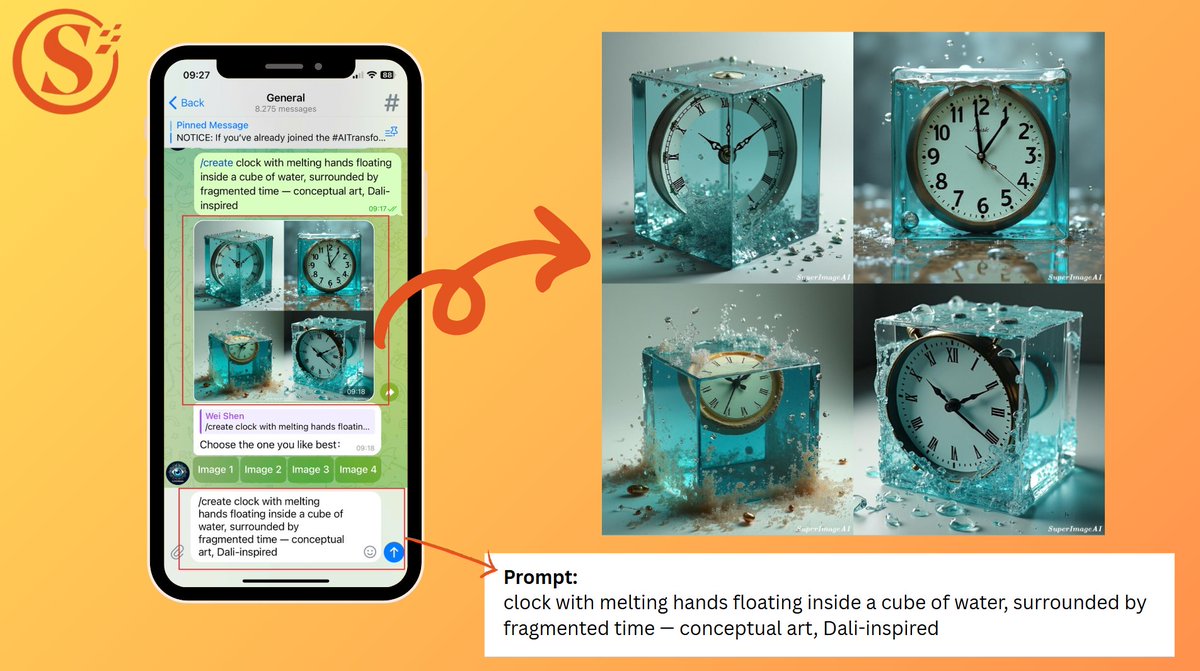 Create stunning AI images with just one prompt — right inside Telegram

No login. No app switching. Just pure creativity
🔥 SuperImage turns your ideas into art in seconds.
Type /create and let the AI handle the rest

📝 Prompt used in the image:
 clock with melting hands