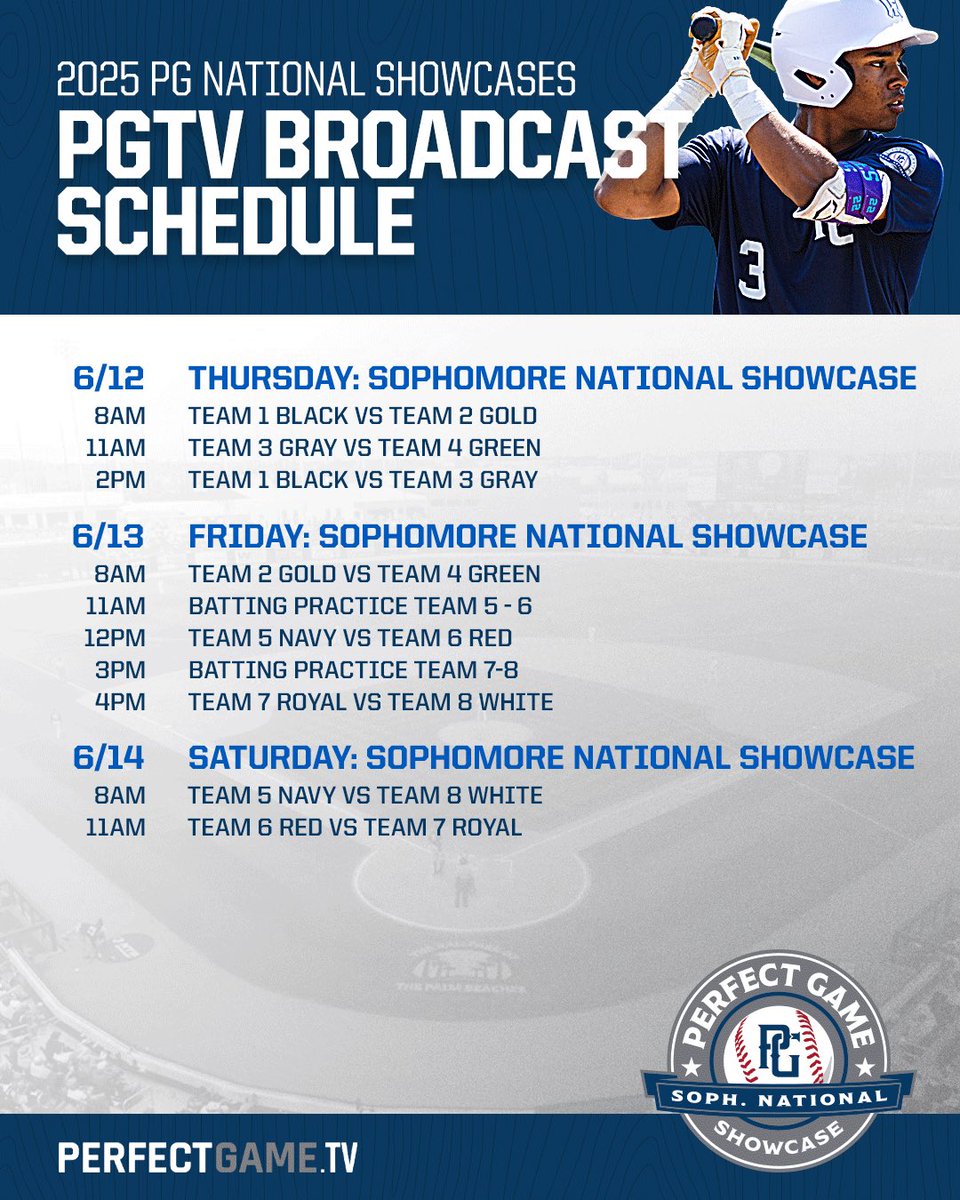 ‼️SOPHOMORE NATIONAL SHOWCASE SCHEDULE‼️

The PG Sophomore National Showcase will be broadcast live tomorrow. All broadcasts will be on the perfectgame.org home page, perfectgame.tv, and Perfect Game YouTube.