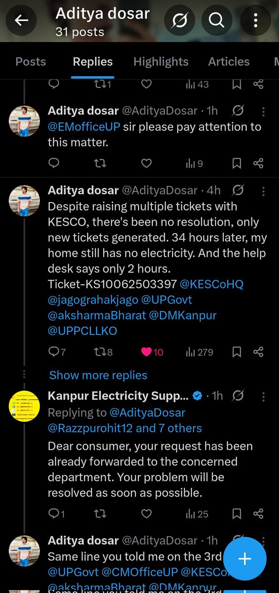 AdityaDosar's tweet photo. There’s a limit to patience 1 day, 2 days, 3 days, and today it's the 4th day, yet there’s still no response. Now tell me, whom should I approach regarding these complaints: KS10062503397, KS11062503186. @UPPCLLKO
@KESCoHQ @DMKanpur @CMOfficeUP @CommissionerKnp @Satishmahanaup https://t.co/K6Qb9THMBQ