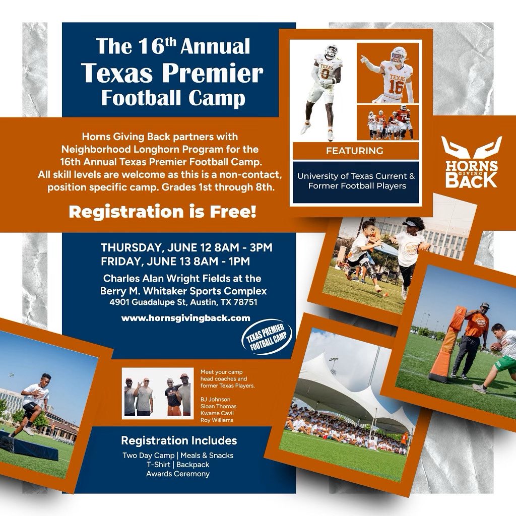 Emaree Winston (@e_wins2025) on Twitter photo Train with the best at Texas Premier Football Camp
Join Texas Longhorns players for elite skills, drills, and competition! <a href="/TexasOneFund/">Texas One Fund</a> Train with the best at Texas Premier Football Camp
Join Texas Longhorns players for elite skills, drills, and competition! <a href="/TexasOneFund/">Texas One Fund</a>