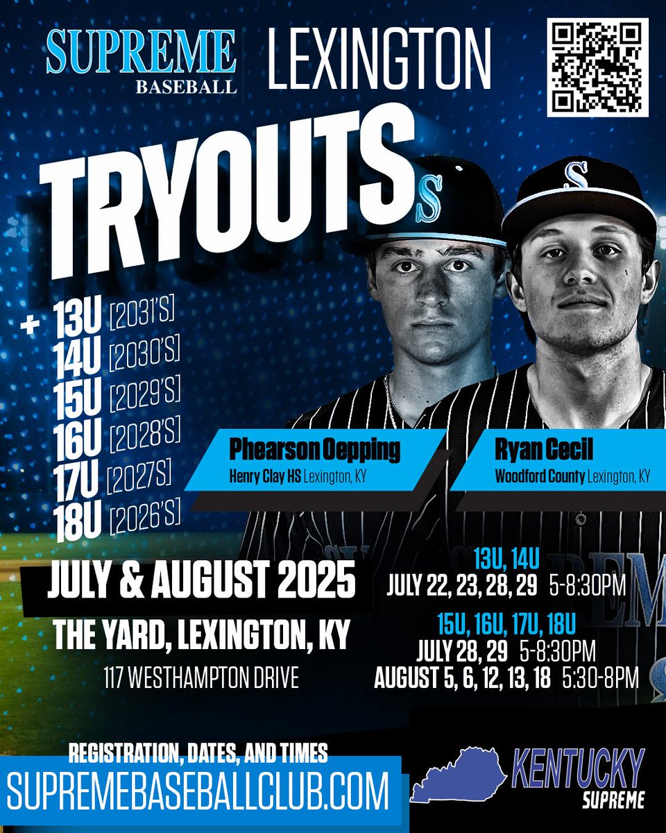 Supreme Baseball Club (@sbcnation) on Twitter photo 13u 14u Kentucky Supreme and 15u 16u 17u 18u Supreme Baseball National Tryouts in Lexington Kentucky start July 22nd Preregister here
13-14u
supremebaseballclub.com/kentucky-supre…
15,16,17,18
supremebaseballclub.com/supreme-baseba…
<a href="/SBCNationScout/">Supreme Baseball Scouting</a> <a href="/PennSupreme/">Pennsylvania Supreme Baseball</a> <a href="/KentuckySuBase/">Kentucky Supreme Baseball</a> <a href="/WVSupreme/">West Virginia Supreme Baseball</a> <a href="/OhioSupreme/">Ohio Supreme Baseball</a> 13u 14u Kentucky Supreme and 15u 16u 17u 18u Supreme Baseball National Tryouts in Lexington Kentucky start July 22nd Preregister here
13-14u
supremebaseballclub.com/kentucky-supre…
15,16,17,18
supremebaseballclub.com/supreme-baseba…
<a href="/SBCNationScout/">Supreme Baseball Scouting</a> <a href="/PennSupreme/">Pennsylvania Supreme Baseball</a> <a href="/KentuckySuBase/">Kentucky Supreme Baseball</a> <a href="/WVSupreme/">West Virginia Supreme Baseball</a> <a href="/OhioSupreme/">Ohio Supreme Baseball</a>