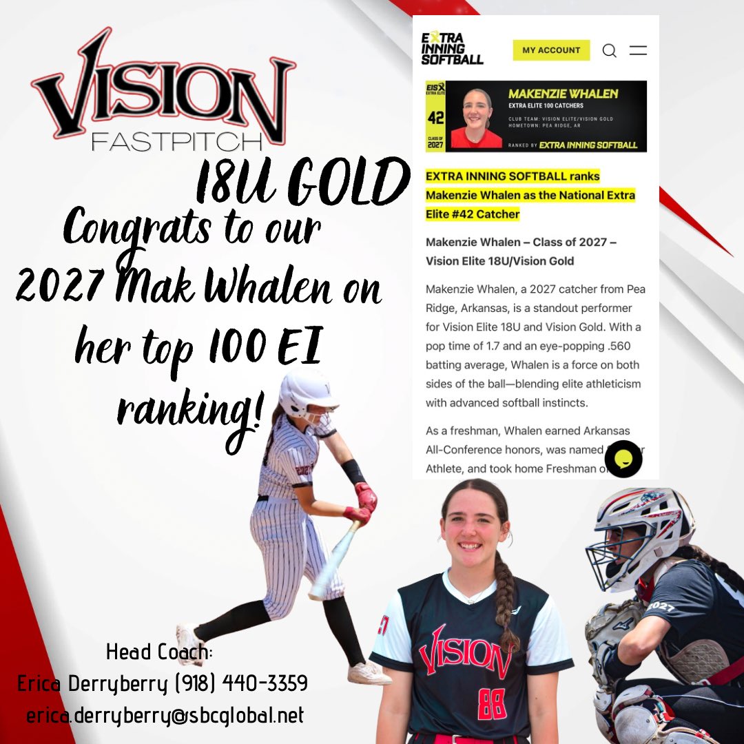 VisionGold18U (@visionarkansas) on Twitter photo Congrats to our 2027 C/UTL on being Top 100 ranked catcher AND hitter! This kid is legit! Check her and our team out this weekend at <a href="/TopGunEvents/">Top Gun Events</a>! <a href="/ExtraInningSB/">EXTRA INNING SOFTBALL</a> <a href="/tagupSoftball/">tagup</a> <a href="/TGETalent/">Top Gun Events-Talent</a> <a href="/D1Softball/">D1Softball</a> <a href="/SoftbalAmerica/">Softball America</a> Congrats to our 2027 C/UTL on being Top 100 ranked catcher AND hitter! This kid is legit! Check her and our team out this weekend at <a href="/TopGunEvents/">Top Gun Events</a>! <a href="/ExtraInningSB/">EXTRA INNING SOFTBALL</a> <a href="/tagupSoftball/">tagup</a> <a href="/TGETalent/">Top Gun Events-Talent</a> <a href="/D1Softball/">D1Softball</a> <a href="/SoftbalAmerica/">Softball America</a>