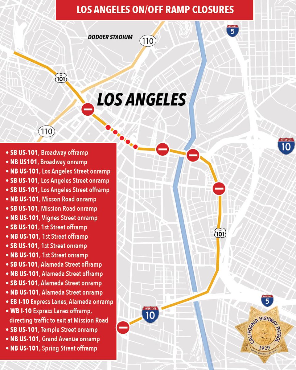 🚧 PLAN AHEAD – AVOID THE AREA 🚧
Multiple ramp closures are in effect along US-101, downtown Los Angeles. Heavy traffic and delays are expected.
✅ Use alternate routes
🕒 Allow extra time
📍 Check navigation apps for updates
Your patience helps keep everyone safe. Thank you!