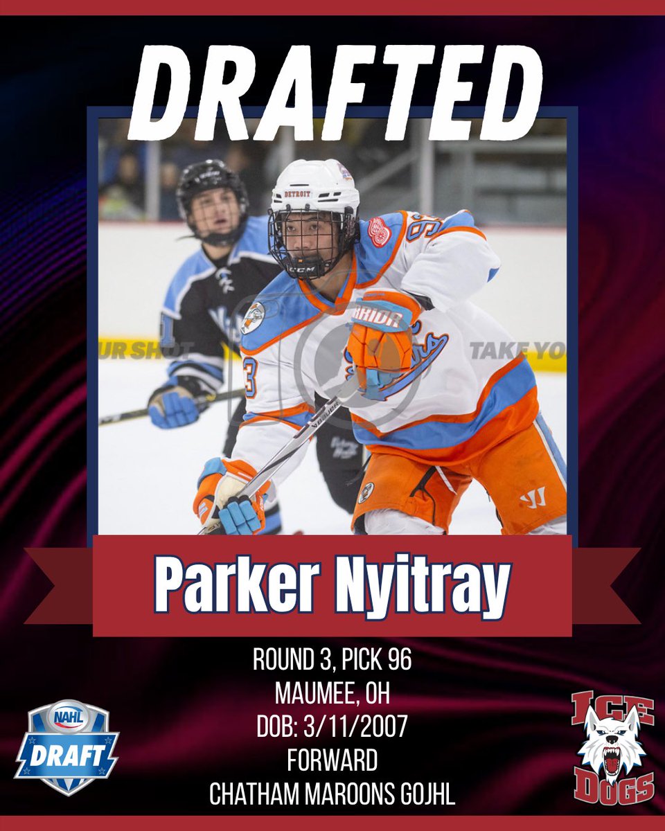 With the 96th overall pick in Round 3 of the NAHL Entry draft, the Fairbanks Ice Dogs have selected Parker Nyitray. 
A forward from Maumee, OH, currently with Chatham Maroons GOJHL.

Welcome to the squad, Parker!

#IceDogsHockey #GoDogs #NAHLDraft2025 #FairbanksIceDogs #GoIceDogs