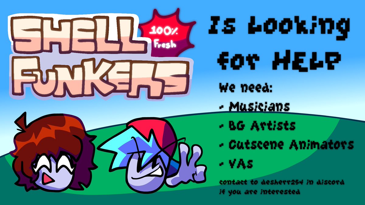 ShellFunkers's tweet image. We are looking for help for the mod! We need musicians, bg artists, cutscene animators and VAs! dm to desherr254 in discord if interested, the only requeriments it&apos;s to be active and be decent :P
@THEREALTIMELIME @FNFNewsSP @IRIS_FNFNEWS
