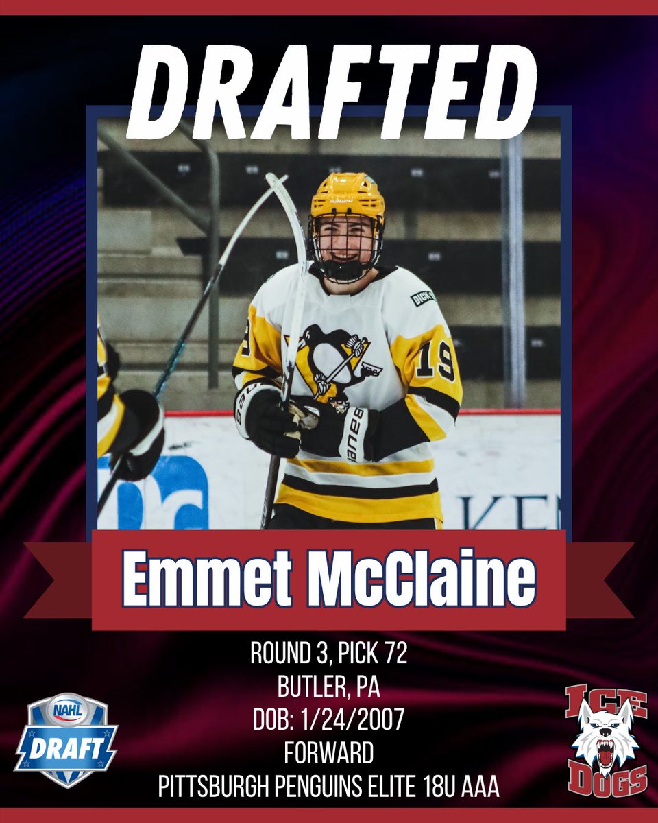 With the 72nd overall pick in Round 3 of the NAHL Entry draft, the Fairbanks Ice Dogs have selected Emmet McClaine. 
A forward from Butler, PA, currently with Pittsburgh Penguins Elite Prep 18u.

Welcome to the Dogs, Emmet!

#IceDogsHockey #GoDogs #NAHLDraft2025 #FairbanksIceDogs