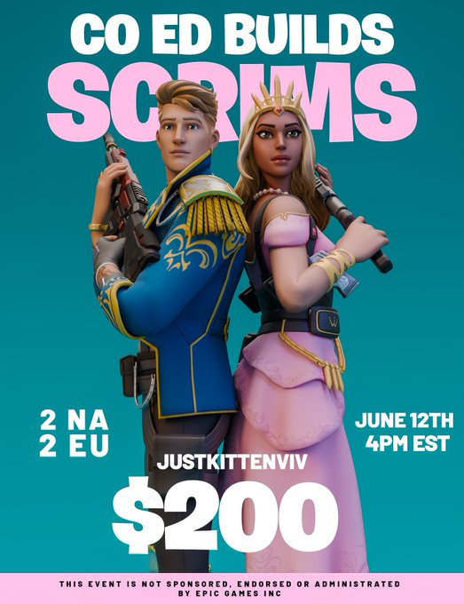 $200 Coed Build Scrims Eu/Na

Thursday 4pm EST 

How to play:

- Rt this
- Reply your duo 
- SS this for proof and follow steps in sign up channel: discord.gg/7MceA9FQ