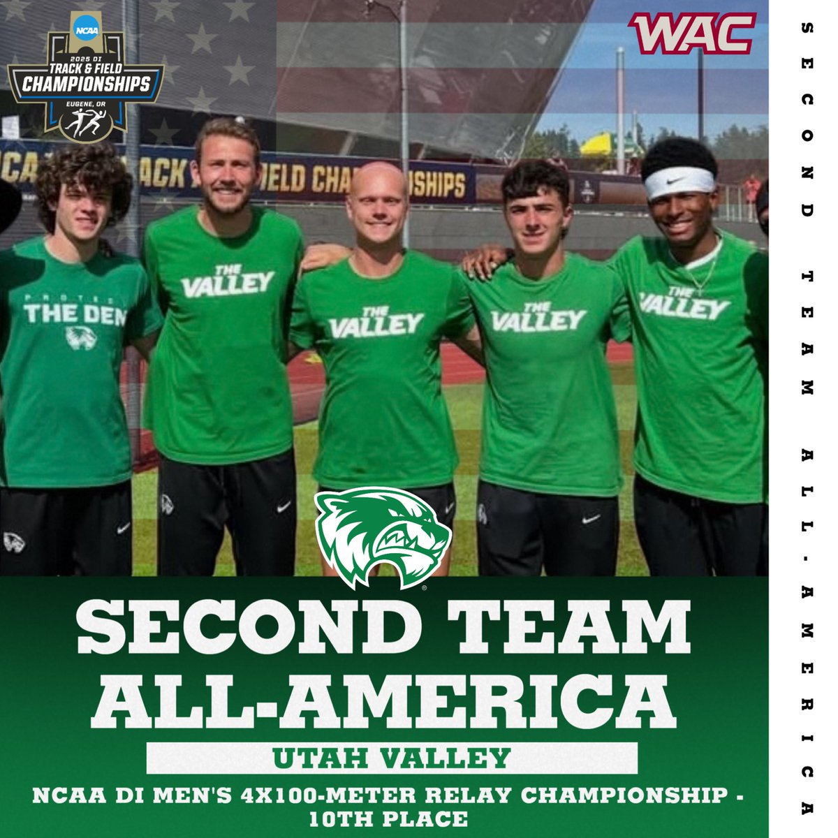The Western Athletic Conference (@wacsports) on Twitter photo Congratulations <a href="/UVUtfxc/">UVU Track & Field / XC</a> on earning Second Team All-America honors with a 10th place finish in the Menโs 4x100-Meter Relay in the NCAA National Championships!
#OneWAC x #WACotf Congratulations <a href="/UVUtfxc/">UVU Track & Field / XC</a> on earning Second Team All-America honors with a 10th place finish in the Menโs 4x100-Meter Relay in the NCAA National Championships!
#OneWAC x #WACotf