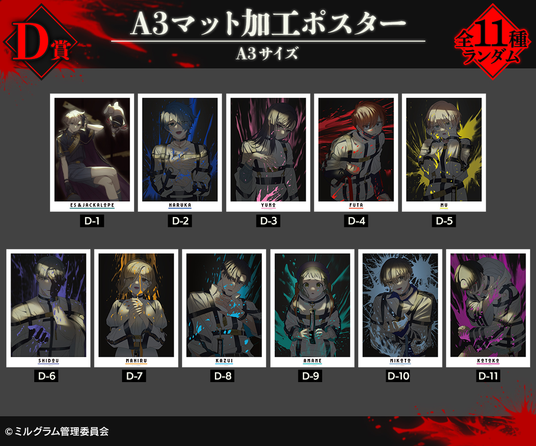 景品はこちら！！！

A賞　キャラファイングラフ（全11種）

B賞　キャンバスボード（全11種）

C賞　エス よんたっちぬいぐるみ（全1種）

D賞　A3マット加工ポスター（全11種）

詳細・購入は

amnibus.com/drawdraw/detai…

animate-onlineshop.jp/pn/pd/3138656/

#MILGRAM