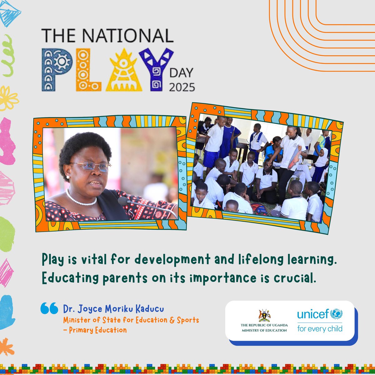 Kyobe Sarah. N (@kyobesarah) on Twitter photo <a href="/MorikuJoyce/">Dr. Joyce Moriku Kaducu, PhD</a> : Engagement in play is essential for lifelong development, highlighting the importance of fostering early childhood education and informing parents about this critical aspect
<a href="/Educ_SportsUg/">Ministry of Education and Sports - Uganda</a> <a href="/UNICEFUganda/">UNICEF Uganda</a> <a href="/EUinUG/">EU in Uganda</a>
#IDOP2025 | #UgPlayDay | #ChoosePlayEveryDay <a href="/MorikuJoyce/">Dr. Joyce Moriku Kaducu, PhD</a> : Engagement in play is essential for lifelong development, highlighting the importance of fostering early childhood education and informing parents about this critical aspect
<a href="/Educ_SportsUg/">Ministry of Education and Sports - Uganda</a> <a href="/UNICEFUganda/">UNICEF Uganda</a> <a href="/EUinUG/">EU in Uganda</a>
#IDOP2025 | #UgPlayDay | #ChoosePlayEveryDay