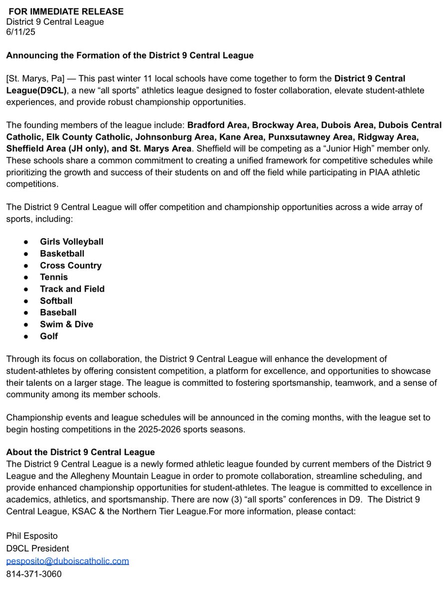 Official Announcement of the District 9 Central League beginning in the 2025-26 school year. Looking forward to being a member of a new promising league !