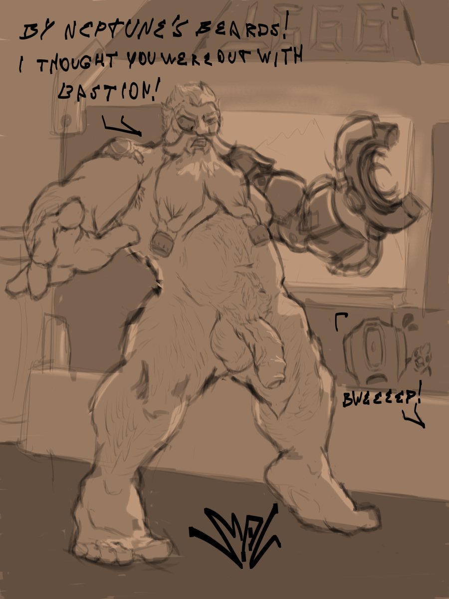 Sometimes the forge is just too hot to be walking around with all that junk on... 💦💦🔥

Just on time, my tablet was at 13% already... worked a little too much on this one HAHAHA will do more though ,']

#Torbjörn #Overwatch2 #Overwatch #Bara