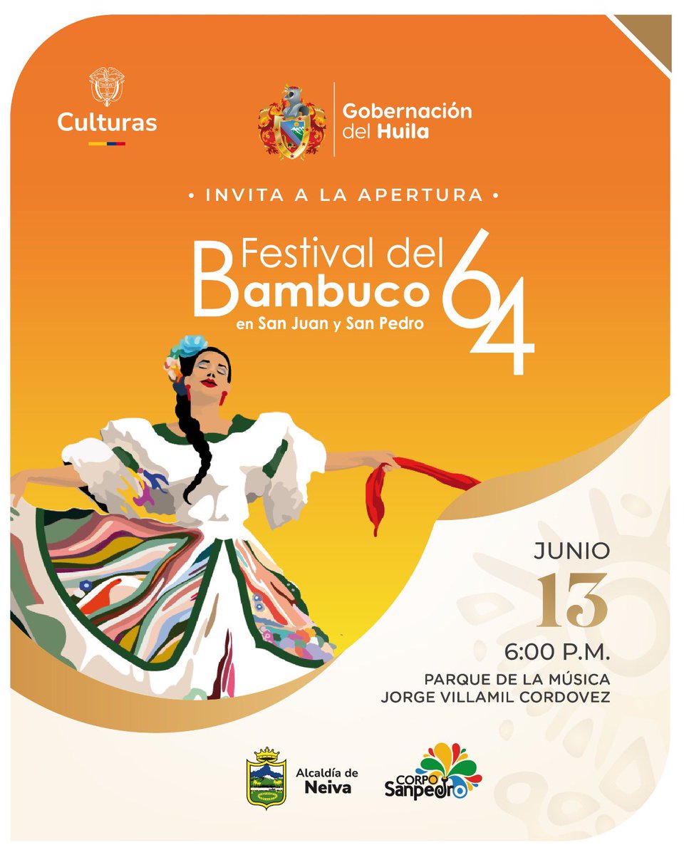 Como Gobernador del Huila, es un honor invitar, a todos los huilenses, a la Gala de Apertura del 64° Festival del Bambuco en San Juan y San Pedro, un evento que engalana nuestras tradiciones y rinde homenaje a la riqueza cultural de nuestra tierra.  Viernes 13 de junio, desde las