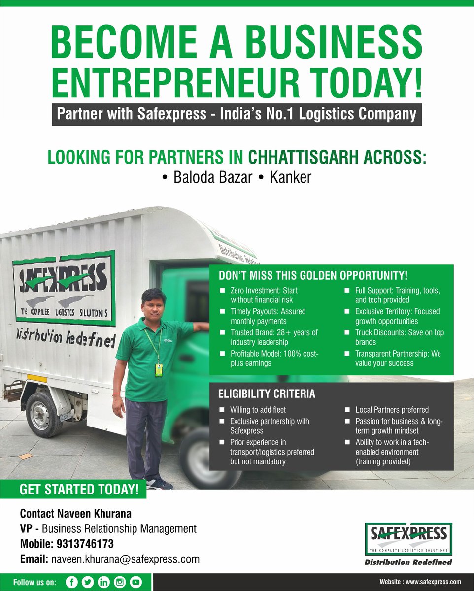 Safexpress (@safexpress) on Twitter photo #Chhattisgarh
We're looking for passionate entrepreneurs to partner with Safexpress, India’s #1 logistics company!
Build your own success story with the best in the industry.
Contact: Mr. Naveen Khurana – 9313746173
naveen.khurana@safexpress.com #Chhattisgarh
We're looking for passionate entrepreneurs to partner with Safexpress, India’s #1 logistics company!
Build your own success story with the best in the industry.
Contact: Mr. Naveen Khurana – 9313746173
naveen.khurana@safexpress.com