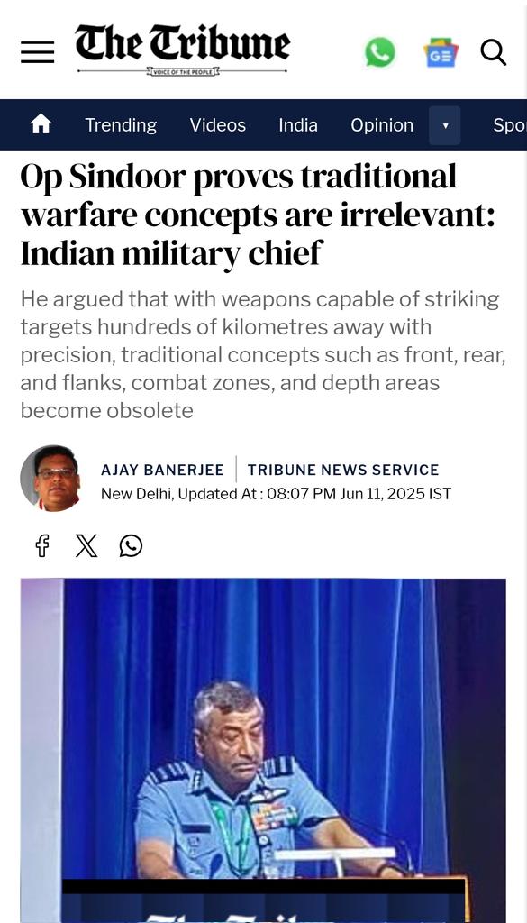 Long-range missiles hitting targets with pinpoint accuracy render traditional concepts of war “irrelevant” says a top Military Commander of India. 
#OperationSindoor
<a href="/thetribunechd/">The Tribune</a>
<a href="/HQ_IDS_India/">HQ IDS</a> <a href="/IAF_MCC/">Indian Air Force</a>
<a href="/adgpi/">ADG PI - INDIAN ARMY</a> <a href="/indiannavy/">SpokespersonNavy</a>
Link 👇
tribuneindia.com/news/india/op-…