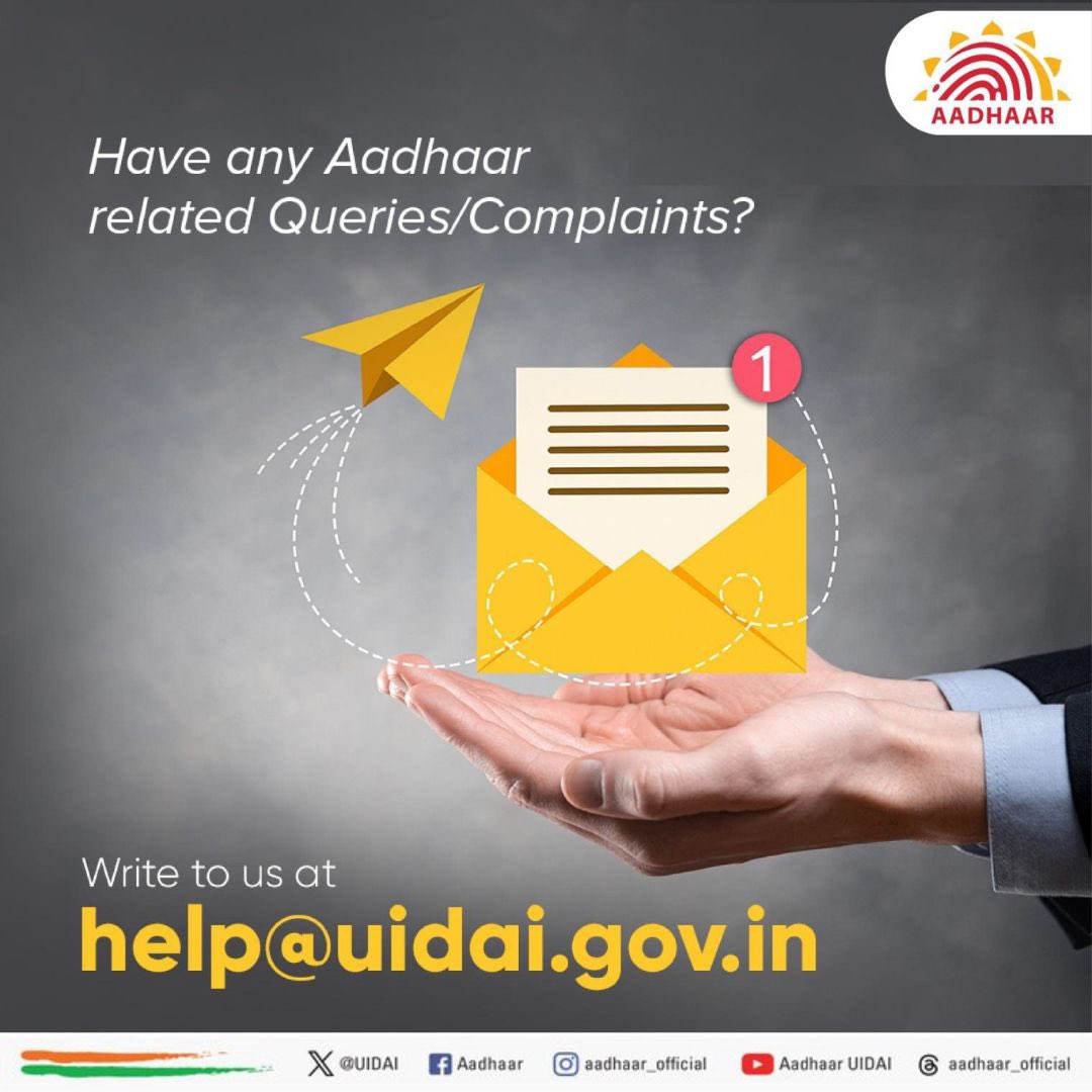 Aadhaar (@uidai) on Twitter photo For any assistance/query/complaint related to #Aadhaar, you may send us an email at help@uidai.gov.in For any assistance/query/complaint related to #Aadhaar, you may send us an email at help@uidai.gov.in