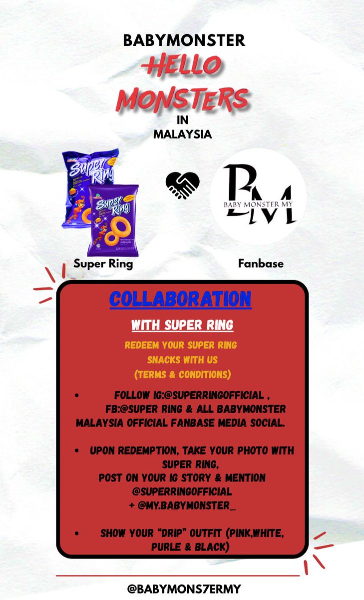 BABYMONS7ERMY's tweet photo. ANNOUNCEMENT 📢
Gearing up for #HELLOMONSTERinKL,we’re excited to tell you our collaboration with #SuperRing 🤝🏻. A big thanks for the sponsorship too 💙
😈 Read our T&C to redeem freebies with us!
😈 First 20 person will get a special freebies.
#BABYMONSTER https://t.co/oMrW9tajcn