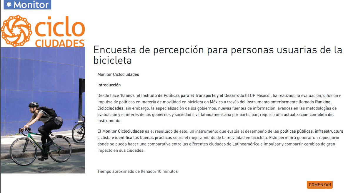 Chilango en bici (@chilangobike) on Twitter photo Encuesta de percepción para personas usuarias de la bicicleta en #Hermosillo
Organiza: <a href="/ITDPmx/">ITDP México</a>
Colabora: <a href="/BukisalaCalle/">Bukis a la Calle</a>
pdm.ideamos.mx/encuesta/mcicl… Encuesta de percepción para personas usuarias de la bicicleta en #Hermosillo
Organiza: <a href="/ITDPmx/">ITDP México</a>
Colabora: <a href="/BukisalaCalle/">Bukis a la Calle</a>
pdm.ideamos.mx/encuesta/mcicl…