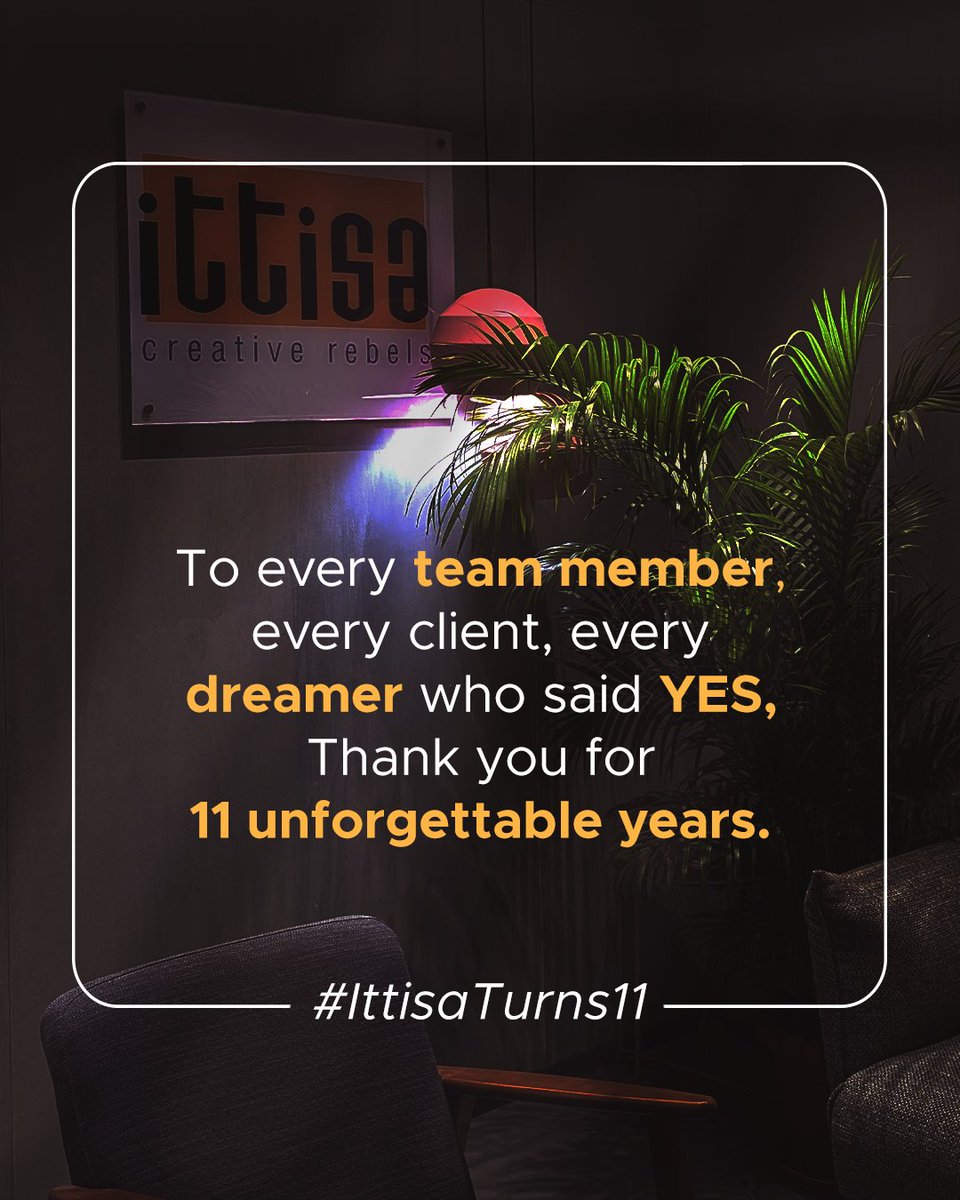 ittisa_IN's tweet photo. Here’s to more brainstorms, lame jokes, good food and brilliant work. 🥂

#11YearsOfIttisa #AgencyLife #WorkFam #ThankYouFromIttisa https://t.co/i4ONovcZ3c