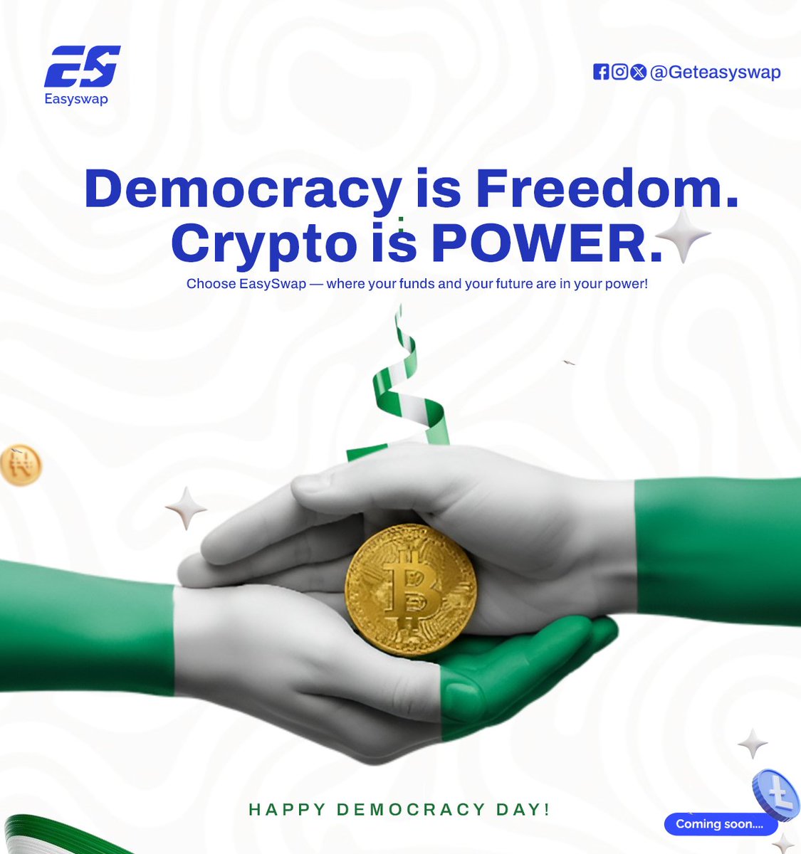 GetEasySwap's tweet image. Happy Democracy Day!

🇳🇬 Democracy is Freedom.
₿ Crypto is POWER.

This #DemocracyDay, we celebrate financial freedom with EasySwap — where your money and your future are in your hands.

#CryptoForAll #EasySwap 
#TryEasySwap #EasyGang #HappyDemocracyDay
