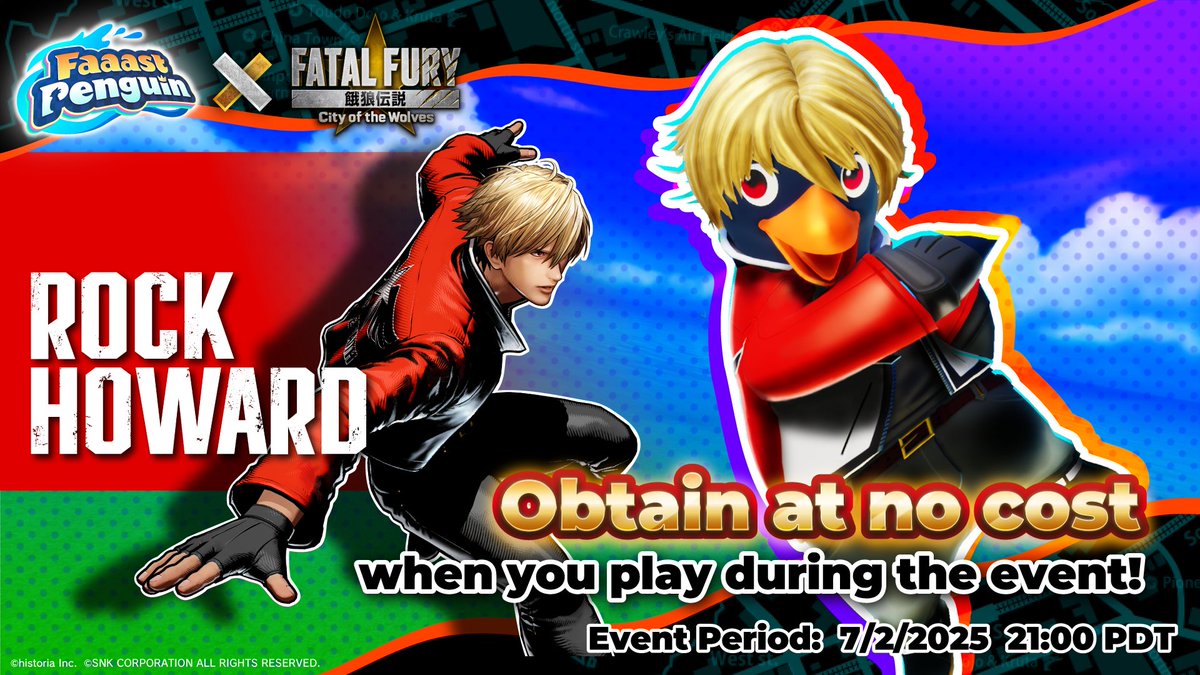 【FATAL FURY Collaboration】
A challenge where you can obtain [Rock Howard] at no cost is unveiled!

Earn a costume and nameplate by participating in the races! 🐧💨
#FaaastPenguin #CotW