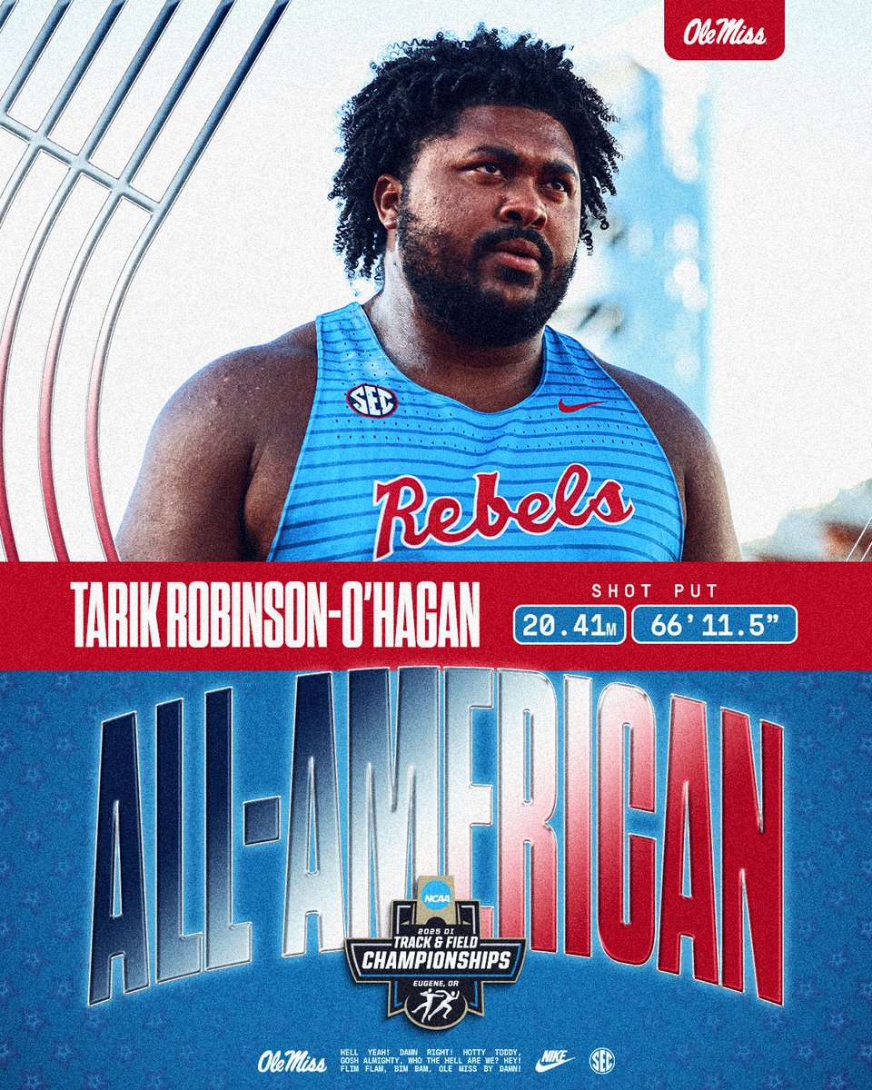 Ole Miss Track & XC (@olemisstrack) on Twitter photo ๐ฆ๐ต๐ผ๐ ๐ฃ๐๐ | Heartbreaker for Tarik Robinson-O'Hagan in the men's shot final, who finished 3rd after being overtaken on two of the final three throws of competition.
Still an impressive day, though, with 1๏ธโฃ2๏ธโฃ points and two First-Team All-America nods
#HottyToddy x #NCAATF ๐ฆ๐ต๐ผ๐ ๐ฃ๐๐ | Heartbreaker for Tarik Robinson-O'Hagan in the men's shot final, who finished 3rd after being overtaken on two of the final three throws of competition.
Still an impressive day, though, with 1๏ธโฃ2๏ธโฃ points and two First-Team All-America nods
#HottyToddy x #NCAATF