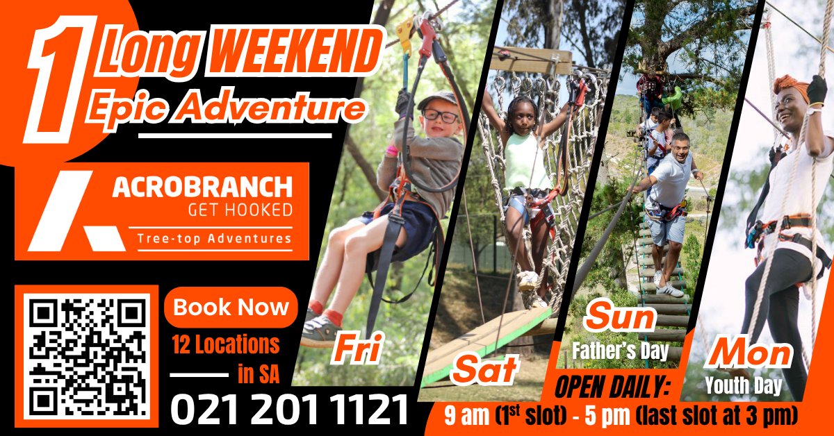 ✨ 4 Days. 25% OFF. 12 Parks! ✨
Treetop thrills await this long weekend!
🎉 FRI–MON: Big adventure energy!
👨‍👧 SUN (15 June): AcroDAD25
🧗 MON (16 June): AcroYouth25
📍12 parks across SA
🎟️ acrobranch.co.za
#Acrobranch #FathersDay2025 #YouthDay2025 #GETHOOKED