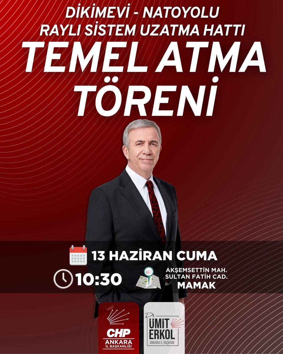 Başkentimize yakışır bir yatırımın daha temelini hep birlikte atıyoruz!

Ankara Büyükşehir Belediye Başkanımız Sayın Mansur Yavaş’ın ev sahipliğinde gerçekleşecek Dikimevi - Natoyolu Raylı Sistem Uzatma Hattı’nın temel atma törenine tüm Ankaralılar davetlidir.

📍 Akşemsettin