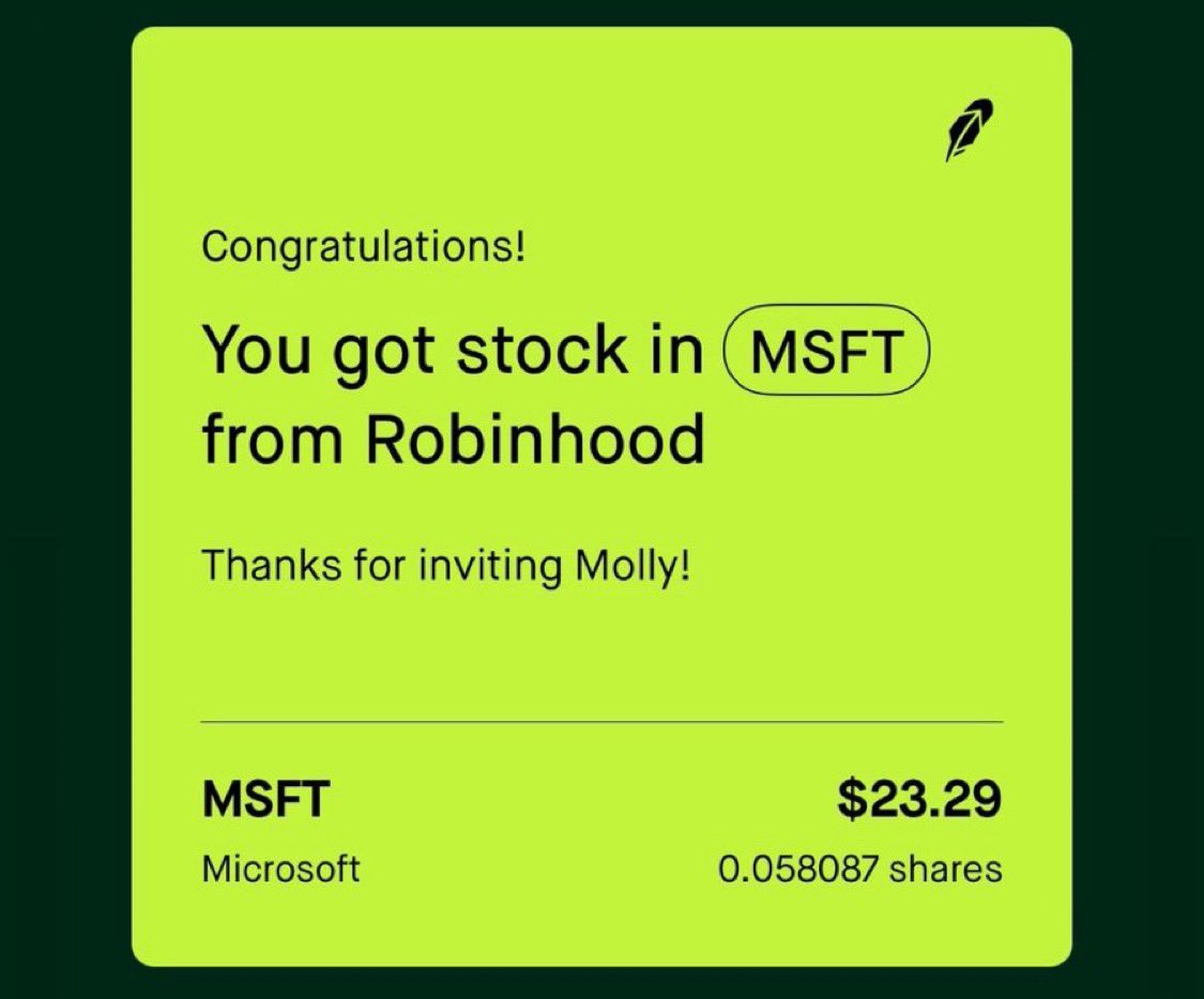Received a $23 Microsoft stock from the Robinhood referral promotion. Sign up to get a free $7-$175 stock.

1. Click the link below.
2. Complete ID verification.
3. Deposit £1 into the account.
4. Claim your free stock within 24 hours.

robinhood.com/gb/en/promo/pi… #AD