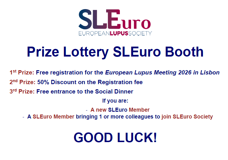 At EULAR 2025 (booth O10 walkway), you can become a SLEuro member and participate in the lottery to win a free registration for the 15th European Lupus Meeting in Lisbon!
If you already are a member, bring a colleague who is not, to both participate in the lottery!

#EULAR2025
