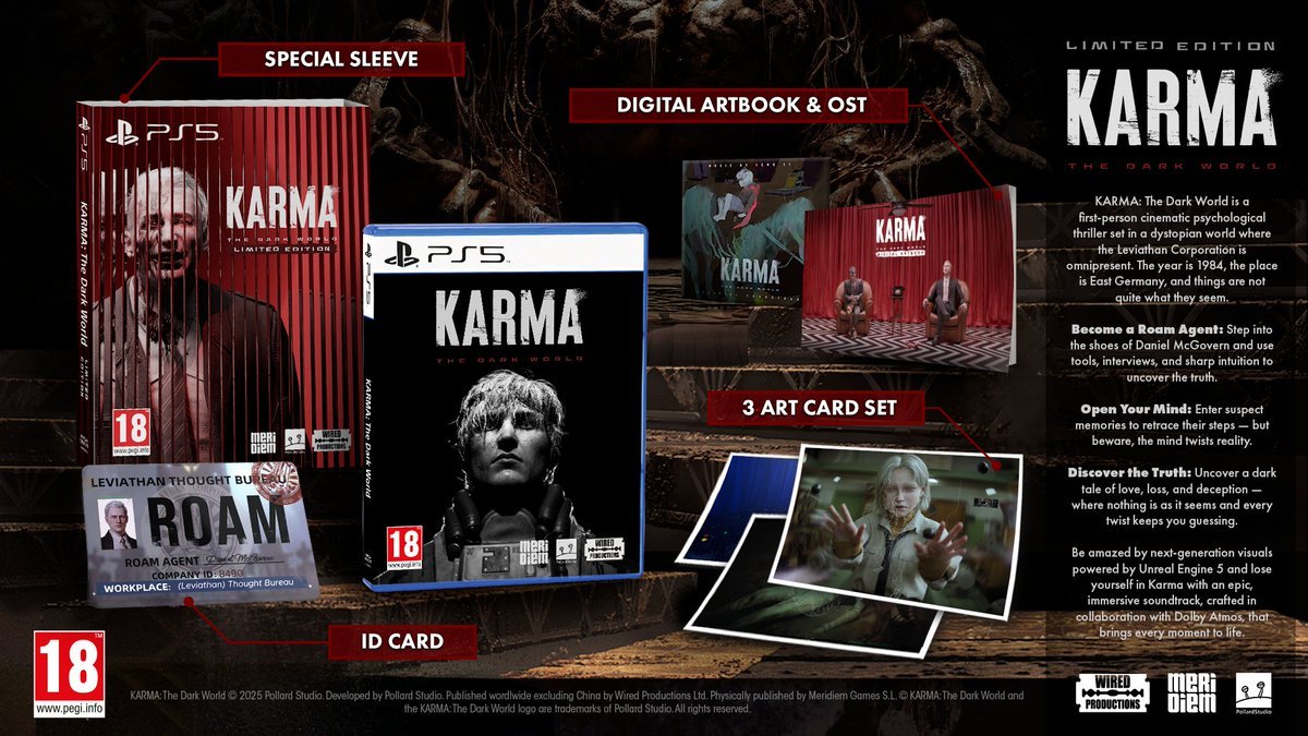 Agents!

KARMA: The Dark World Limited Edition comes to life on the 19th of June. Thats in just one week.

Become a Nightcrawler and dive into the mind of the accused in this dystopian psychological horror.

Includes:
📔 Exclusive Slipcover case
🖼️ Art Cards
📛 Leviathan ID Badge