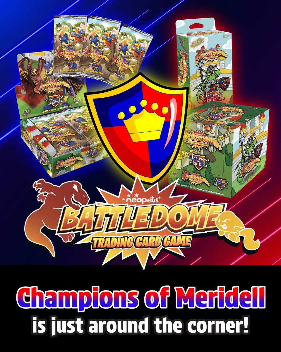 The Champions of Meridell set is coming to the Neopets Battledome TCG

👹 A transforming villain
🦸🏻‍♂️A Hero who boosts critical hits
🧠 Cards that skip opponent turns
🗡️ Legends with massive attack buffs
🍽️ Powerful food cards
🃏 A new discard-pile mechanic
🐾 Petpets that fetch
