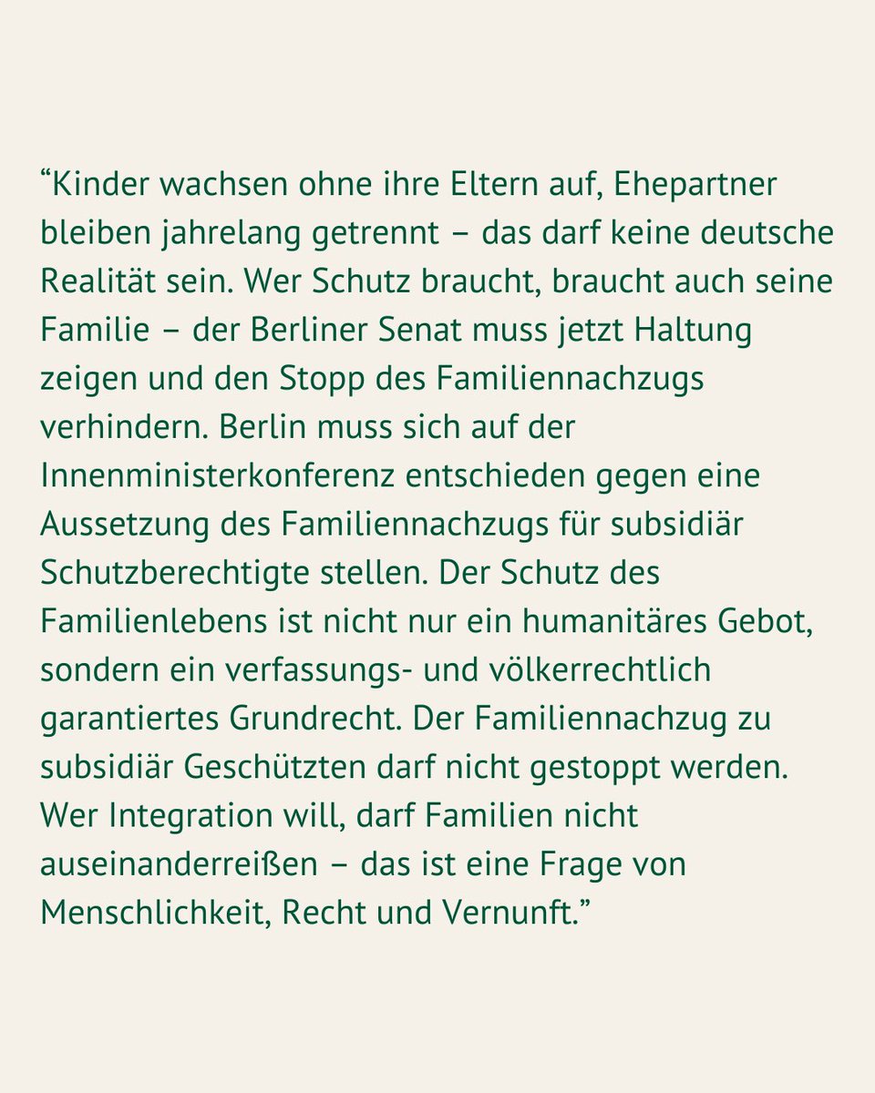 Familien gehören zusammen – auch in der Asylpolitik!
Der #Familiennachzug für subsidiär Schutzberechtigte muss wieder uneingeschränkt möglich sein.
Berlin muss auf der #IMK2025 Haltung zeigen: Für Menschlichkeit, Recht &amp; Integration.
#Menschenrechte #GrüneFraktion