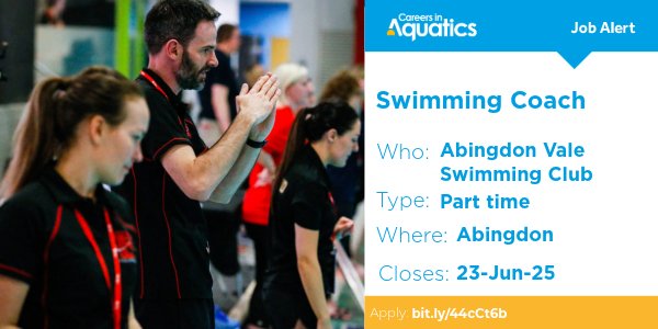 Job Alert | Swimming Coach needed at Abingdon Vale Swimming Club in Abingdon.

Closes: 23 June 2025
Apply: bit.ly/44cCt6b