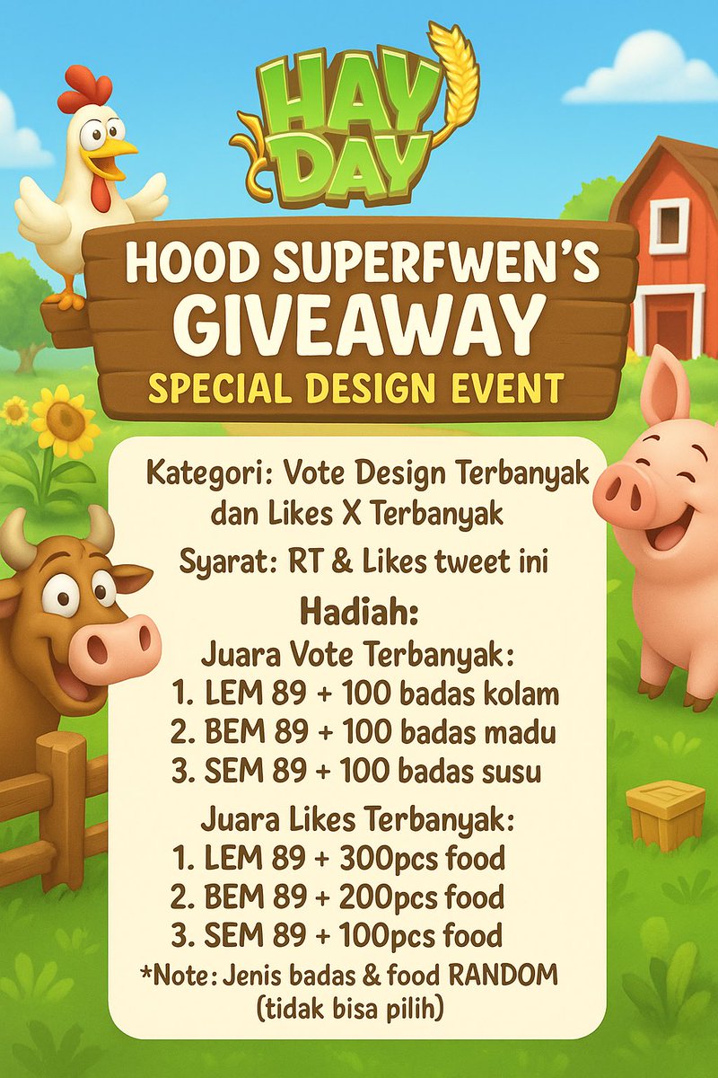 funny_chrstnti's tweet image. HAI PETANI 👩🏻‍🌾
Hood SUPERFWEN mau bikin GA memperingati ULTAH HAYDAY &amp;amp; special Design Event 🥳🎨

Ada 2 kategori design yg akan kita cari pemenangnya :
1. Vote Terbanyak
2. Likes X Terbanyak

Yg mau ikutan, syaratnya RT &amp;amp; Like Tweet ini dulu yaw! 🥰
Stay tune buat next infonya 😚