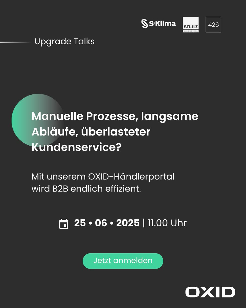 🚀 Webinar-Tipp von unserem Partner 426 GmbH!

📅  Mittwoch, 25. Juni 2025
🕚 11:00 Uhr

👉 Jetzt kostenlos anmelden: hubs.ly/Q03rFjM-0

#Webinar #B2BCommerce #OXID #426GmbH #Digitalisierung