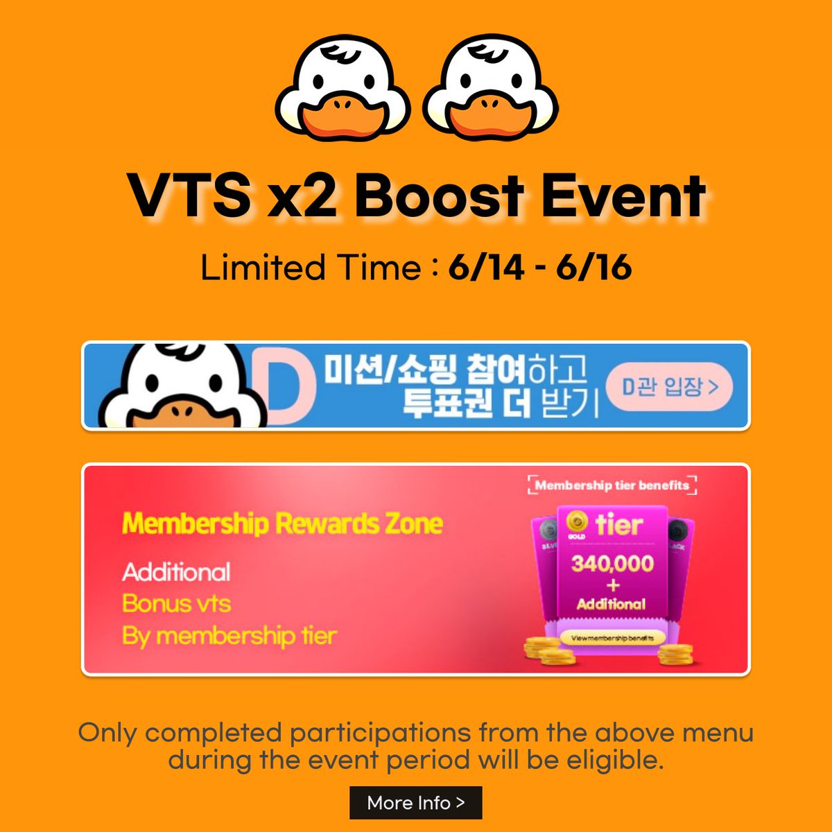 duckad2020's tweet photo. #덕애드 [VTS x2 Boost Event] 투표권 2배 이벤트

📢이벤트 기간 동안 2배의 투표권을 획득하세요!
(Earn 2x VTS Power During the Event!)

🗓️기간 : 6/14 - 6/16

🎁혜택 : 아래 메뉴에서 투표권 2배 적용
(🎟️Double VTS in the Menu Below🎟️)
1⃣ D관 (미션/쇼핑 참여)
2⃣ 멤버쉽 등급관(Membership Rewards Zone)

📍주의사항을 꼭 읽어주세요!
https://t.co/0FAPPKwPHg

🔻Go to DUCKAD🔻
▶️https://t.co/6q0cmmbcUL◀️