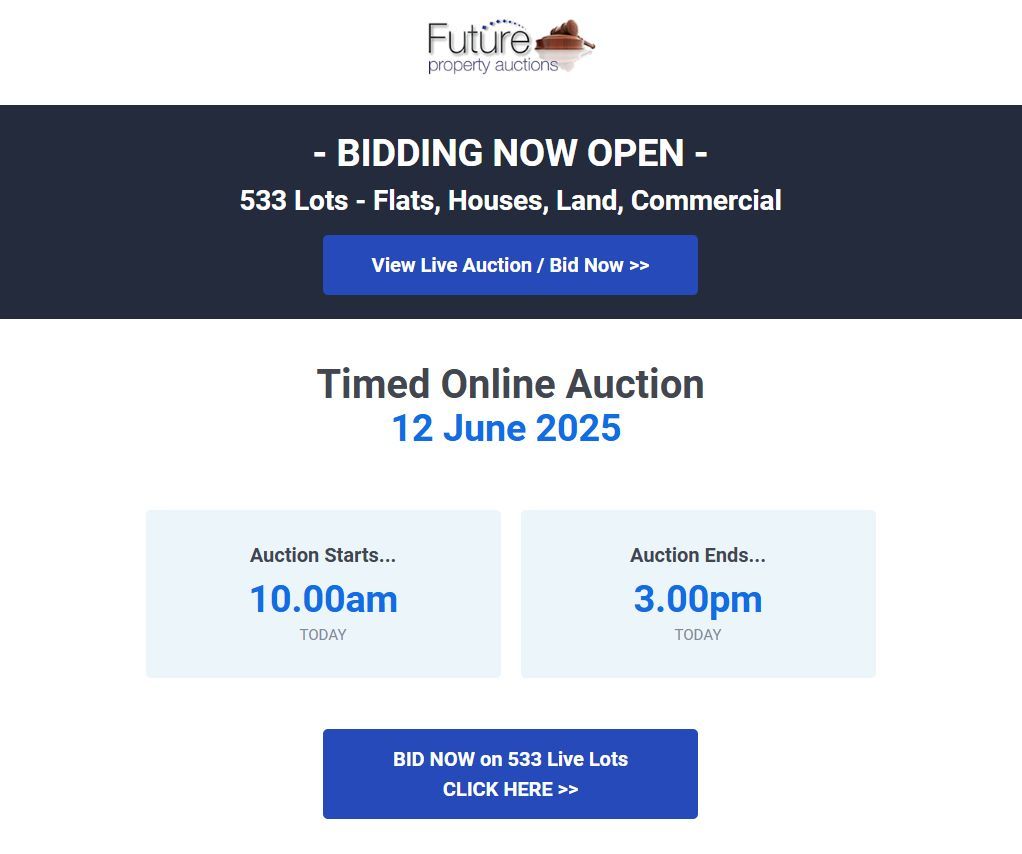 - BIDDING NOW OPEN - 533 Lots - Flats, Houses, Land, Commercial
Timed Online Auction 12 June 2025 
View Live Auction / Bid Now >> buff.ly/vIpcIdh 
 
#propertyauction #property #propertyinvestor #auction #investment