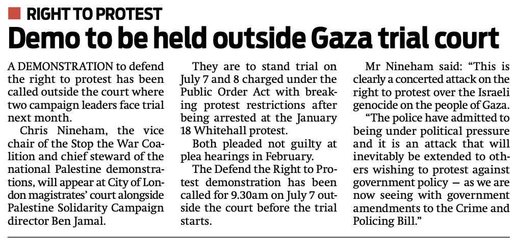 STWuk's tweet image. Palestine coalition calls for protest at court as two leaders face trial over 18 January demonstration

Join us at 9.30am at City of London Magistrates' Ct on 7 July!

#RightToProtest
