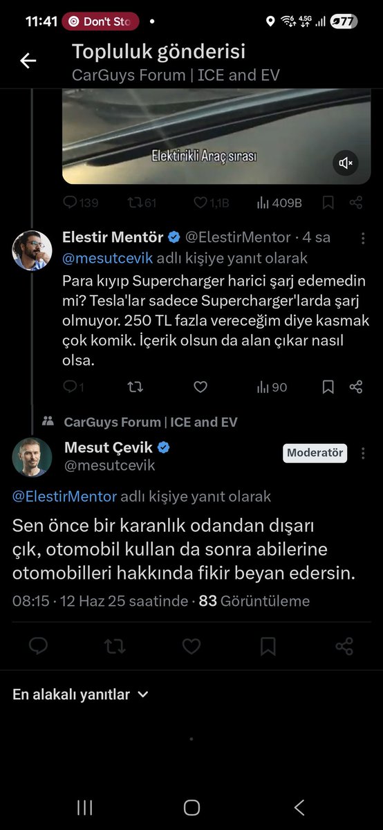 Elestir Mentör (@elestirmentor) on Twitter photo Bu yazdığıma şu cevabı verip engelledi terbiyesiz. Sen daha elektrikli arabaya laf ederken biz biniyorduk cahil. 40.000 km yol yap sonra bana abilik tasla. <a href="/mesutcevik/">Mesut Çevik</a>. Sen daha yeni öğreniyorsun tabi. Teslalar sadece Supercharger'da şarj olmak zorunda değil. Bu yazdığıma şu cevabı verip engelledi terbiyesiz. Sen daha elektrikli arabaya laf ederken biz biniyorduk cahil. 40.000 km yol yap sonra bana abilik tasla. <a href="/mesutcevik/">Mesut Çevik</a>. Sen daha yeni öğreniyorsun tabi. Teslalar sadece Supercharger'da şarj olmak zorunda değil.