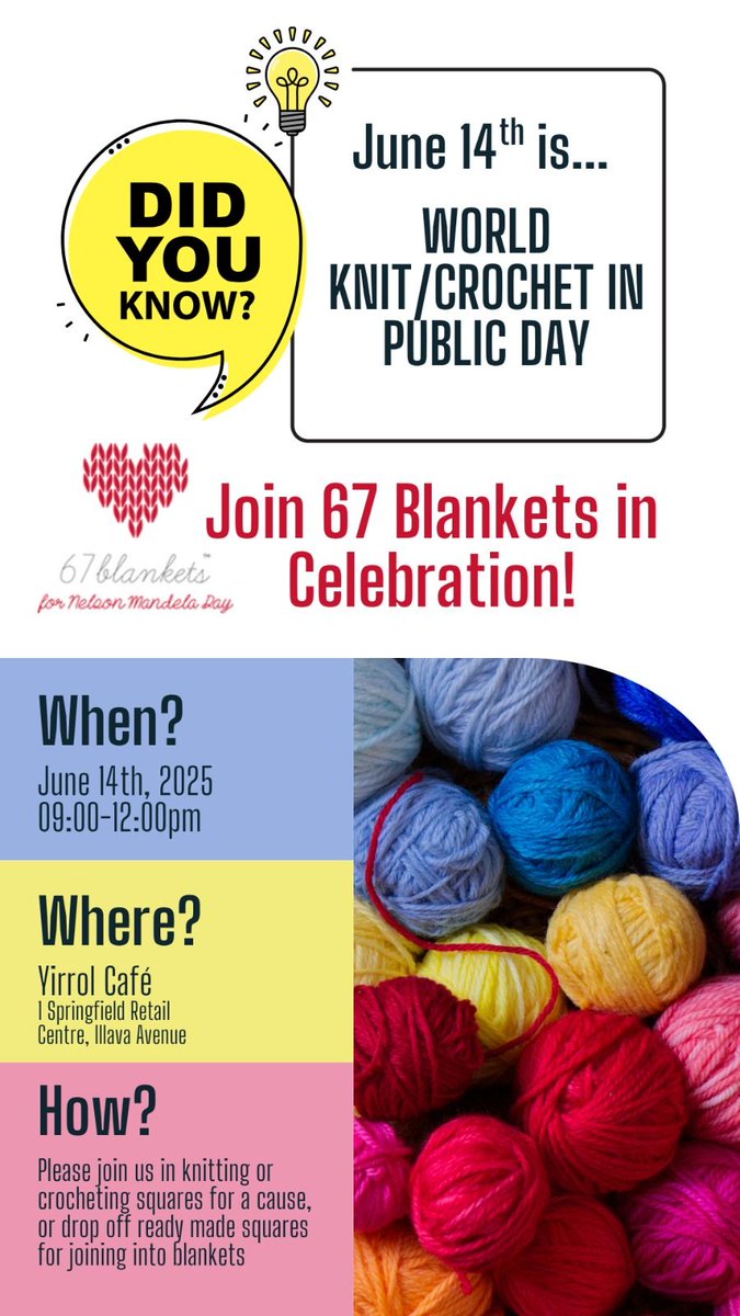WORLDWIDE KNIT IN PUBLIC DAY, SATURDAY 14 JUNE 2025.
We’re thrilled to share our upcoming events focused on bringing warmth and comfort to those in need through the art of knitting and crocheting.
Contact info@67blankets.co.za
#67Blankets #worldwideknitinpublicday <a href="/Carolyn_Steyn/">Carolyn Steyn</a>